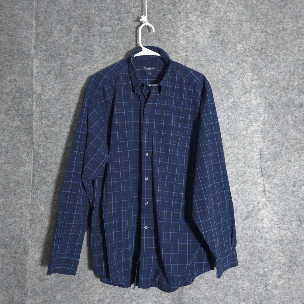 Brooks Brothers Button Down Shirt Men L Navy Blue Plaid Long Sleeve Classic Wear
